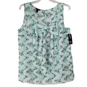 New Directions Women's NWT L Semi Sheer Top Blouse Sleeveless Teal Blk Ruffle Bo